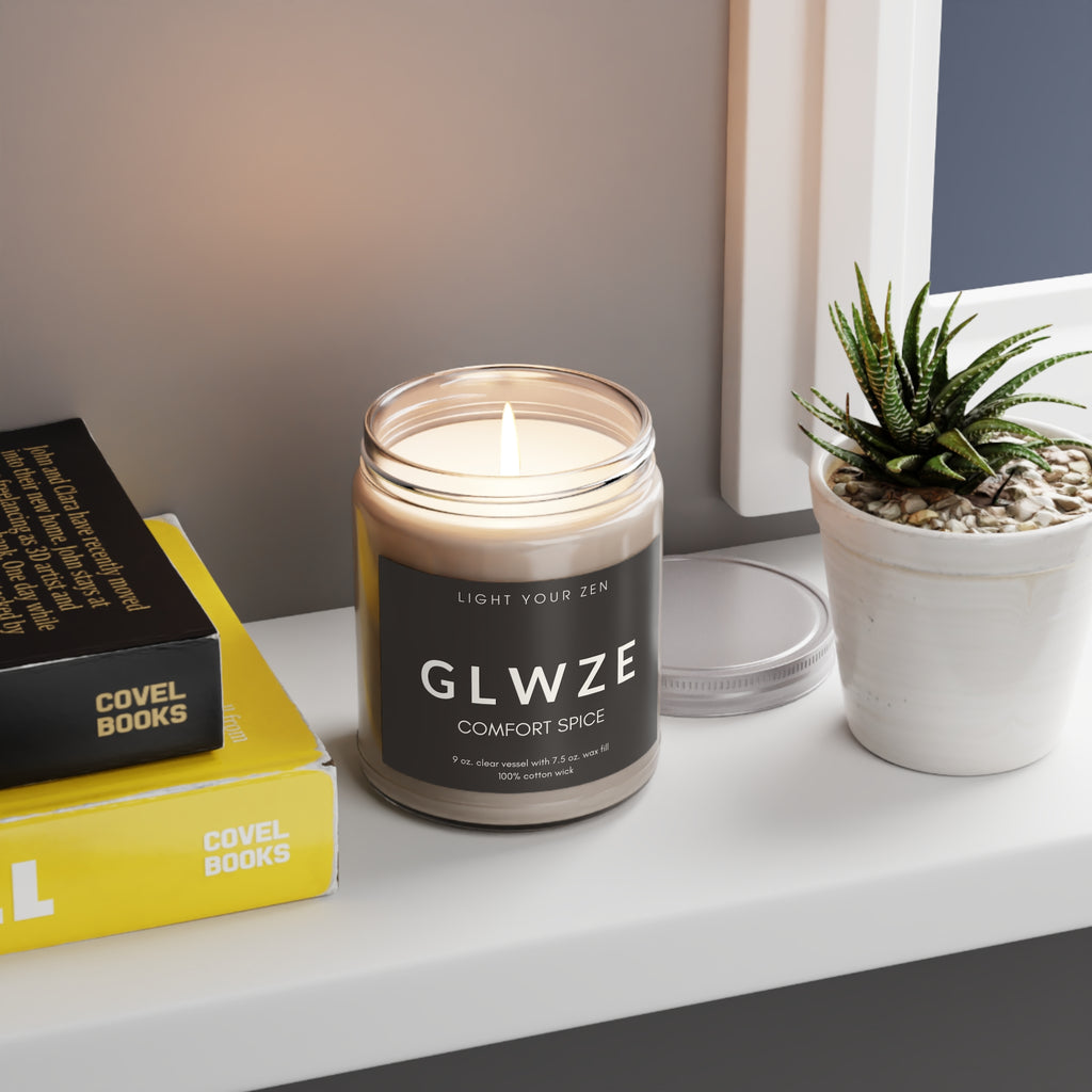 Candle in a glass jar with a decorative label